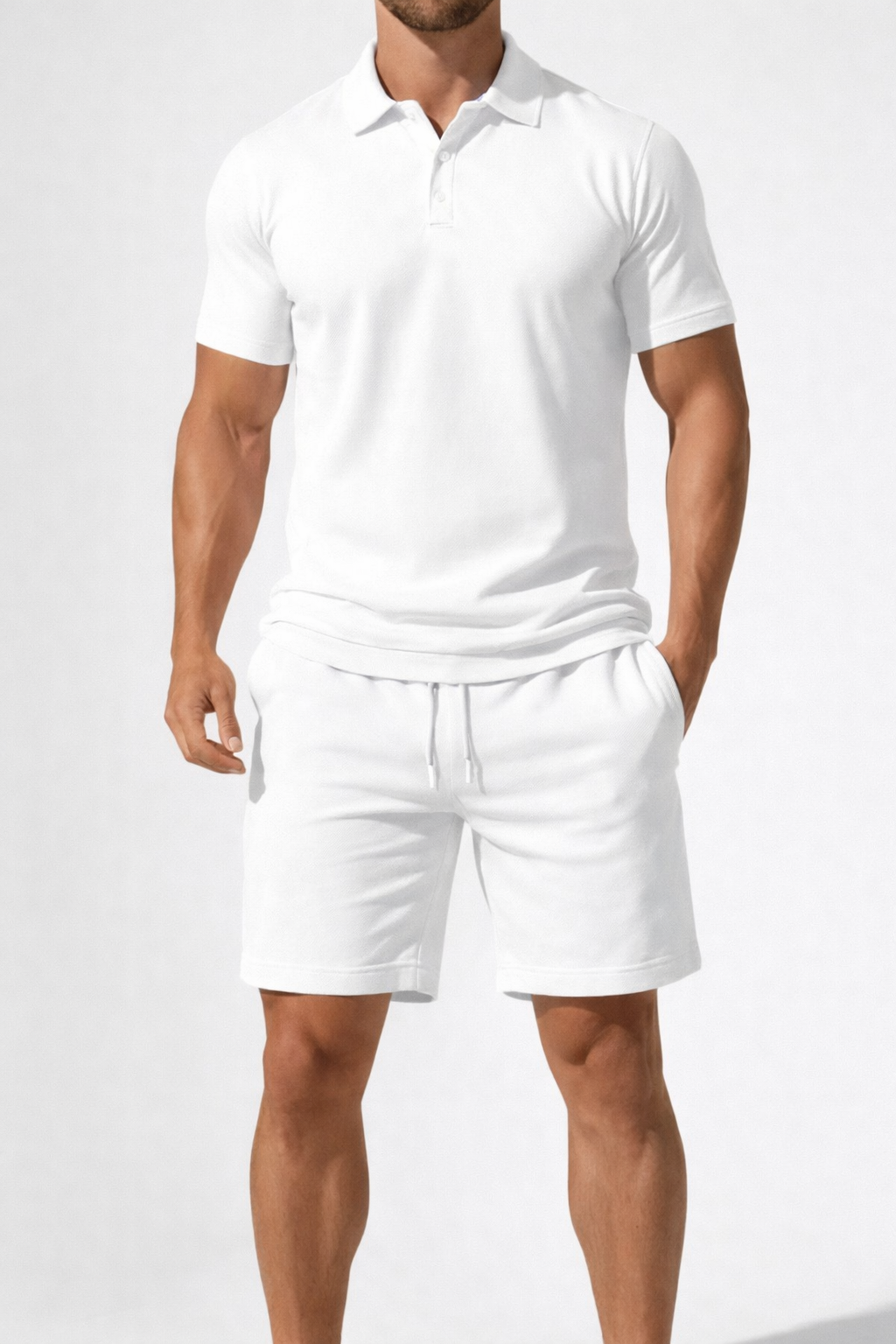 Men's Short Sleeve Polo Shirt and Drawstring Shorts Summer Outfit Set - Casual Cotton Blend for Warm Weather Wear