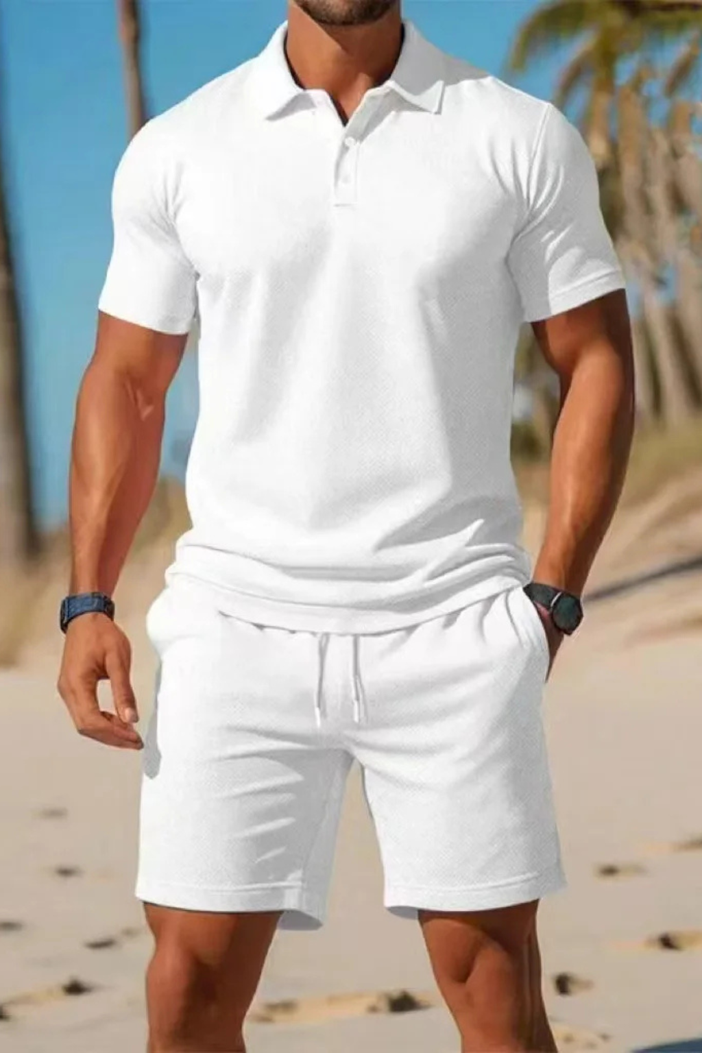 Men's Short Sleeve Polo Shirt and Drawstring Shorts Summer Outfit Set - Casual Cotton Blend for Warm Weather Wear