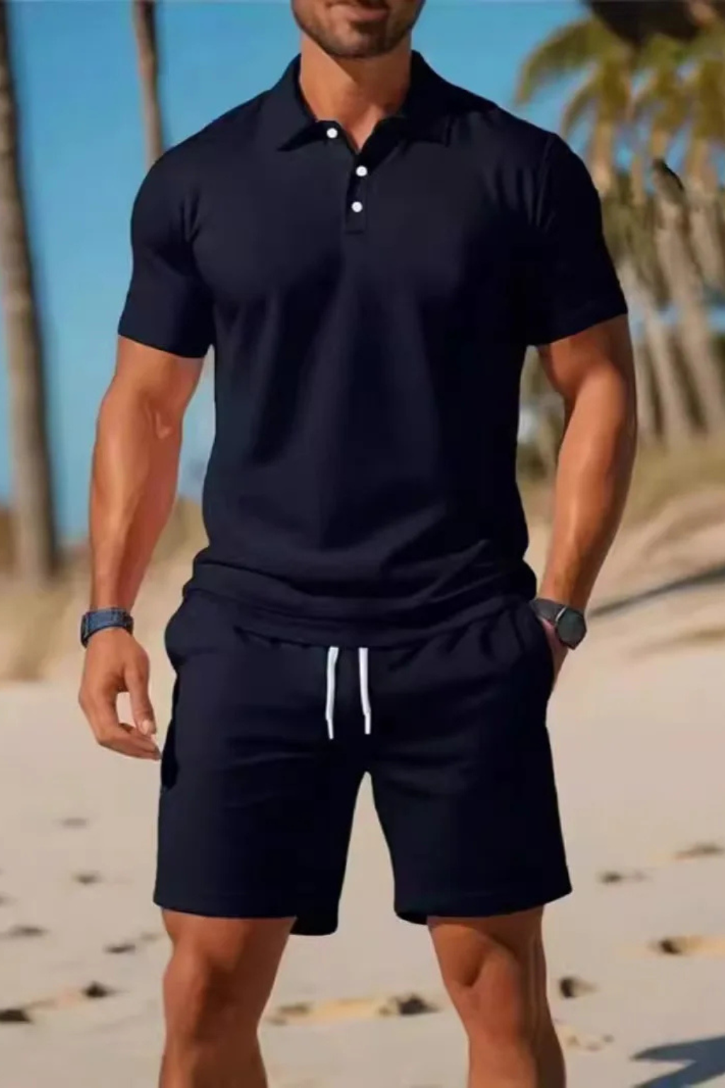 Men's Short Sleeve Polo Shirt and Drawstring Shorts Summer Outfit Set - Casual Cotton Blend for Warm Weather Wear