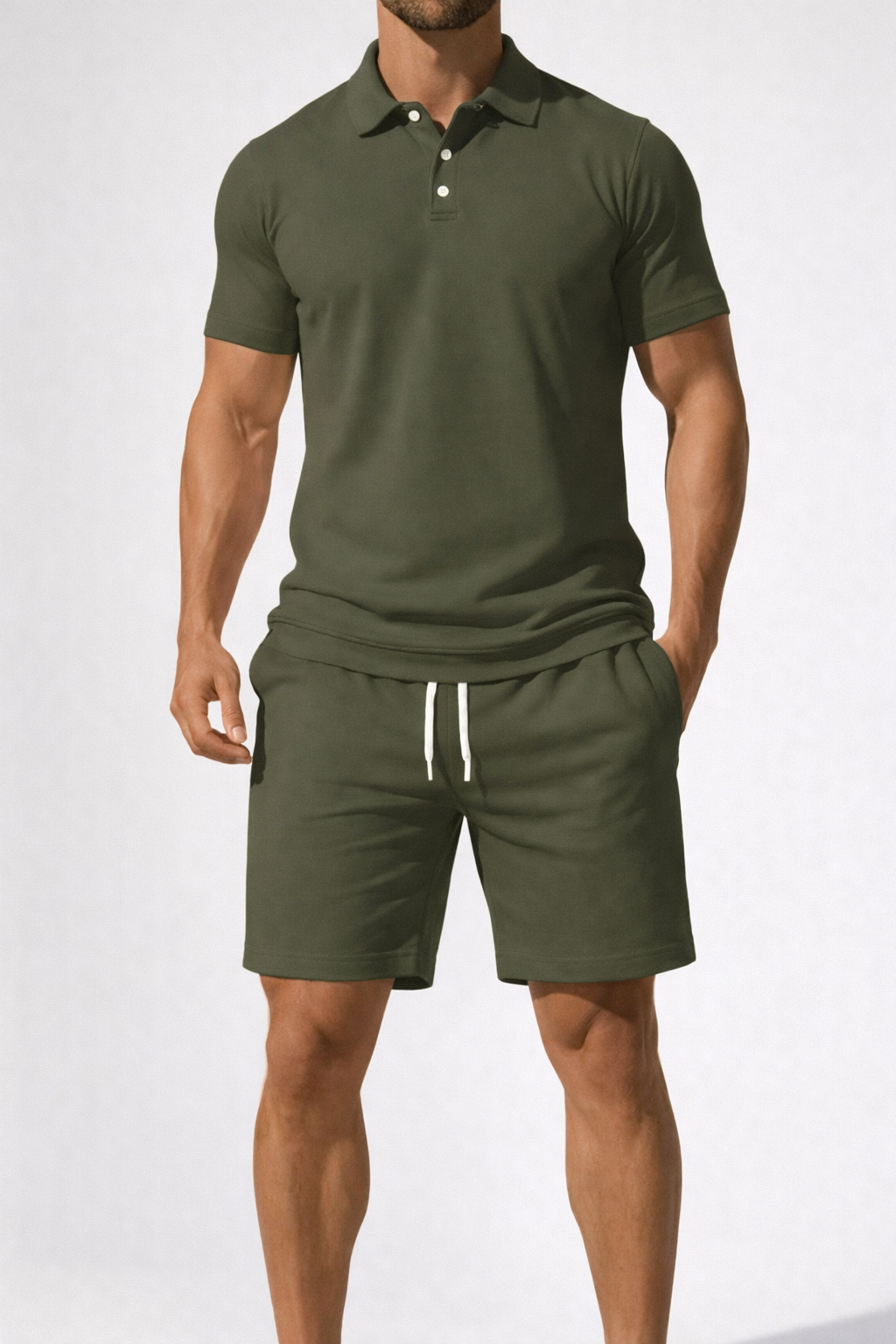 Men's Short Sleeve Polo Shirt and Drawstring Shorts Summer Outfit Set - Casual Cotton Blend for Warm Weather Wear