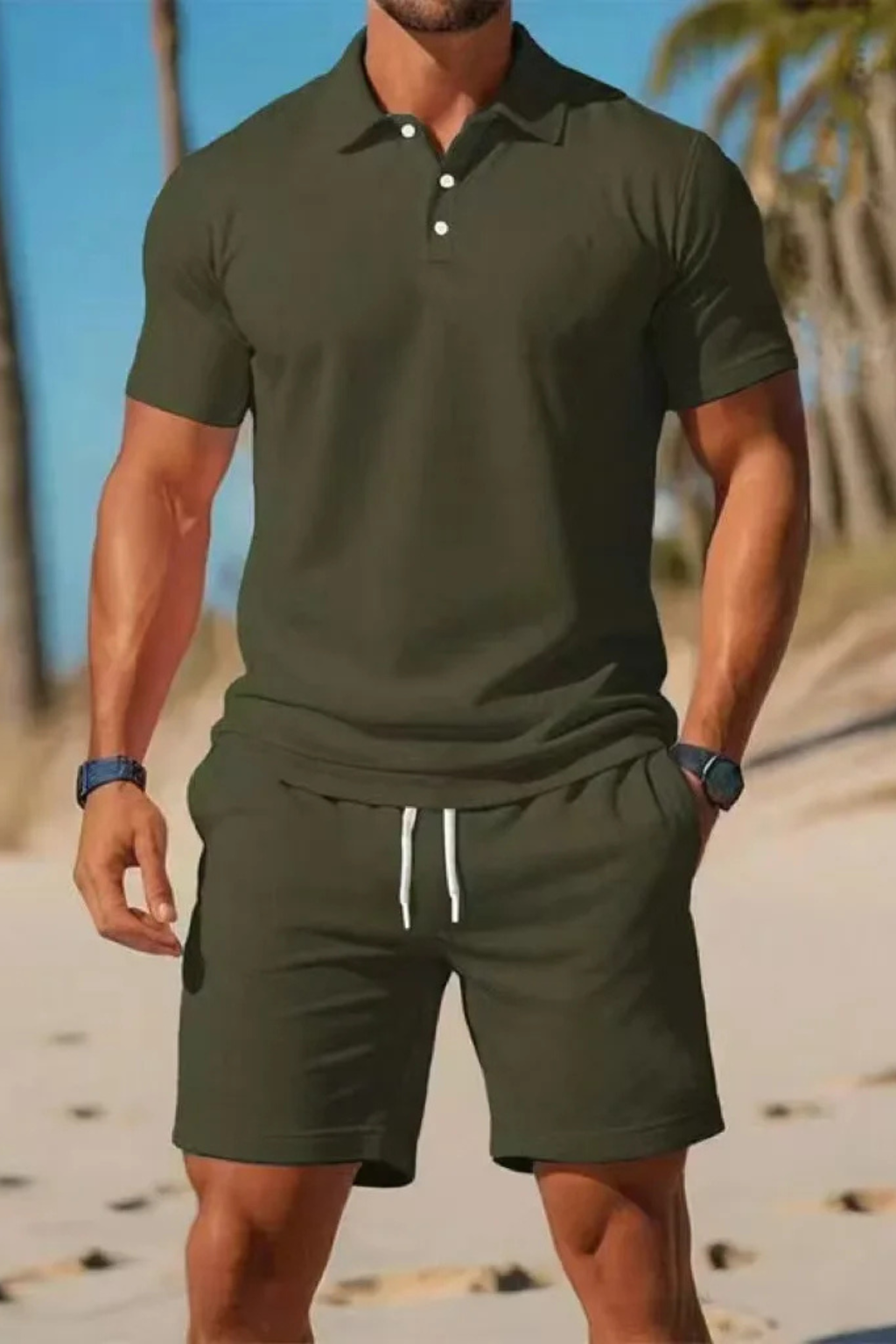 Men's Short Sleeve Polo Shirt and Drawstring Shorts Summer Outfit Set - Casual Cotton Blend for Warm Weather Wear