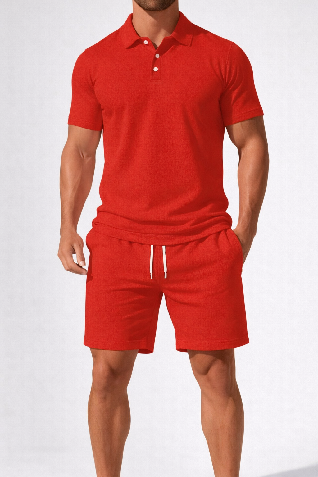 Men's Short Sleeve Polo Shirt and Drawstring Shorts Summer Outfit Set - Casual Cotton Blend for Warm Weather Wear
