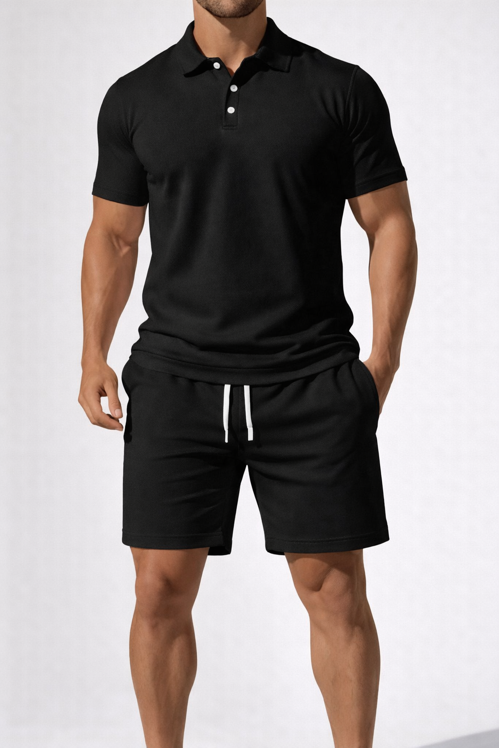 Men's Short Sleeve Polo Shirt and Drawstring Shorts Summer Outfit Set - Casual Cotton Blend for Warm Weather Wear