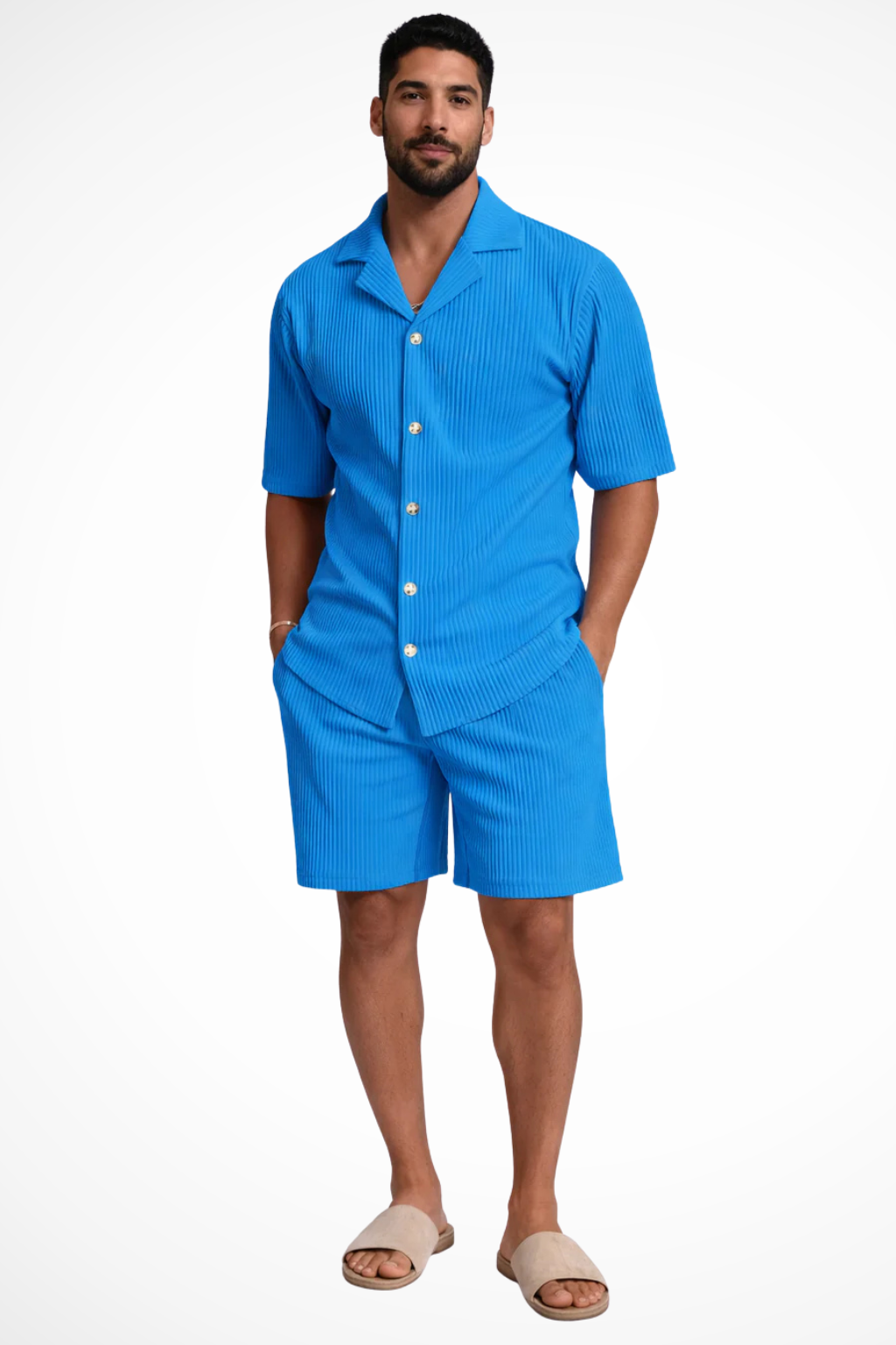 Men's Short Sleeve Textured Summer Shirt and Shorts Set - Casual Outfit for Warm Weather Wear