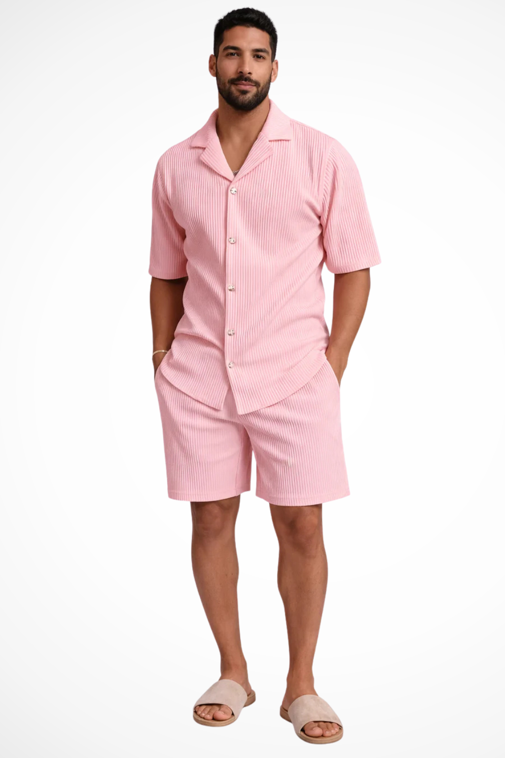 Men's Short Sleeve Textured Summer Shirt and Shorts Set - Casual Outfit for Warm Weather Wear