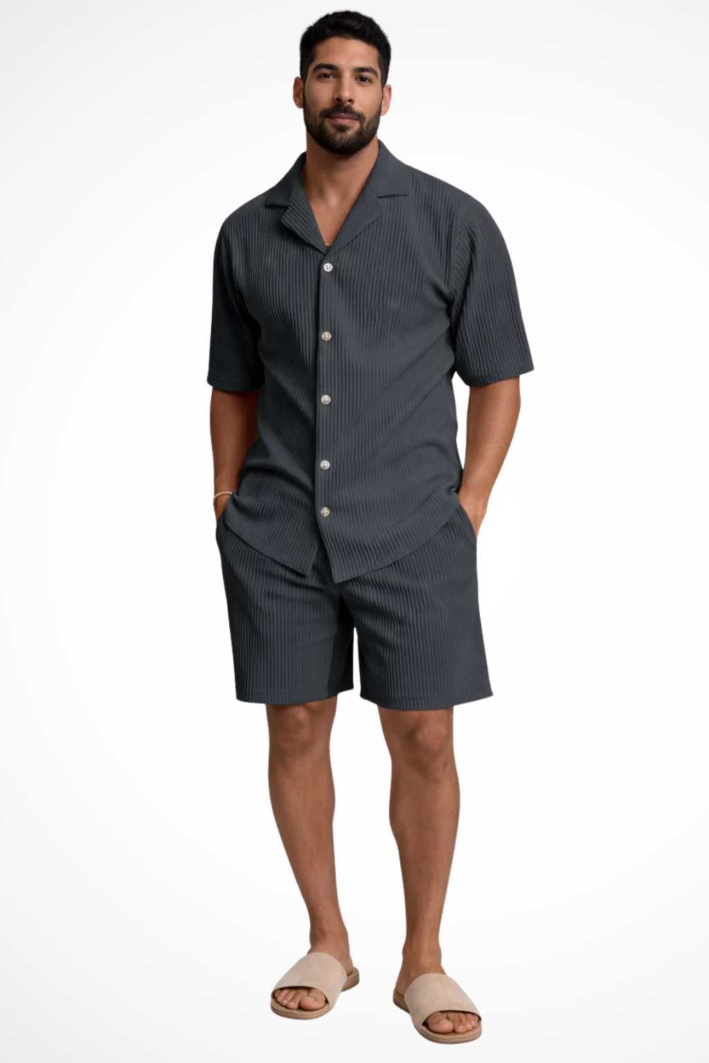 Men's Short Sleeve Textured Summer Shirt and Shorts Set - Casual Outfit for Warm Weather Wear