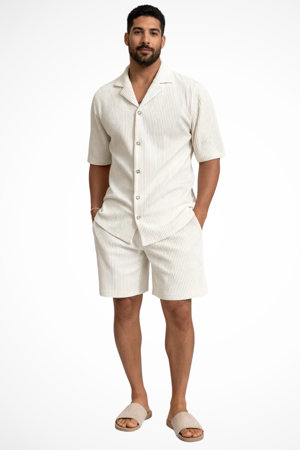 Men's Short Sleeve Textured Summer Shirt and Shorts Set - Casual Outfit for Warm Weather Wear