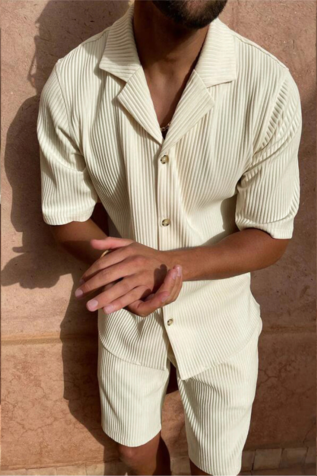 Men's Short Sleeve Textured Summer Shirt and Shorts Set - Casual Outfit for Warm Weather Wear