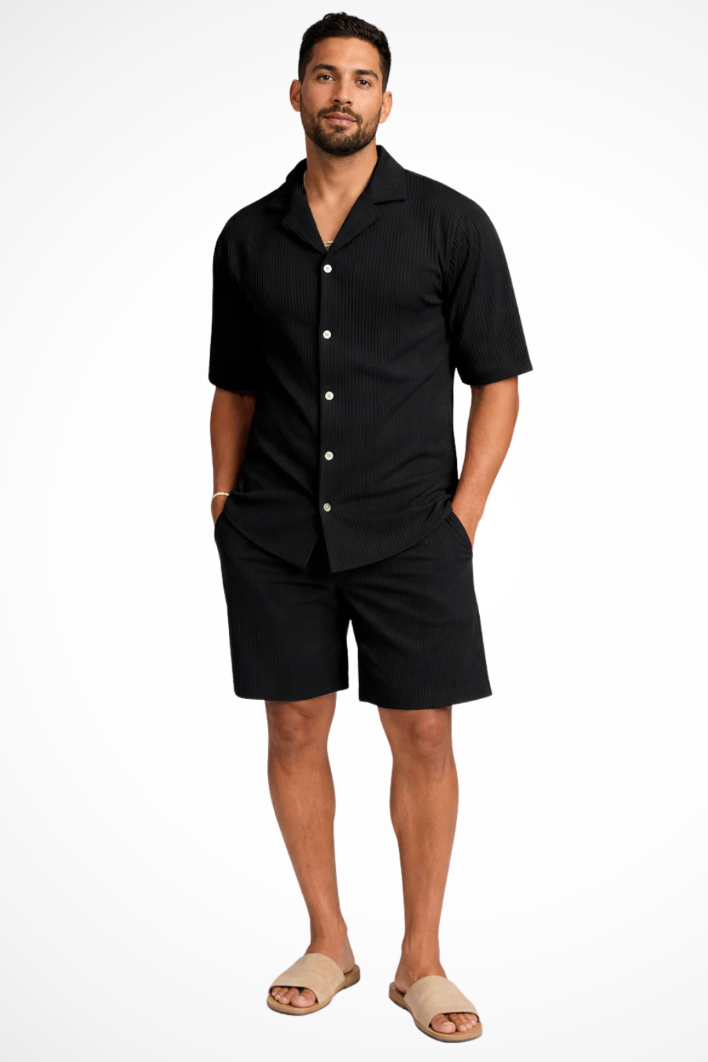 Men's Short Sleeve Textured Summer Shirt and Shorts Set - Casual Outfit for Warm Weather Wear