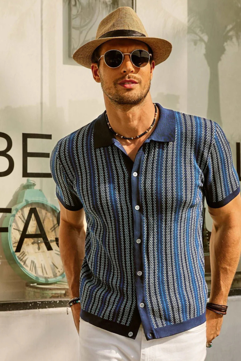 Men's Striped Short Sleeve Polo Shirt - Comfortable Cotton Blend Casual Wear for Everyday Use