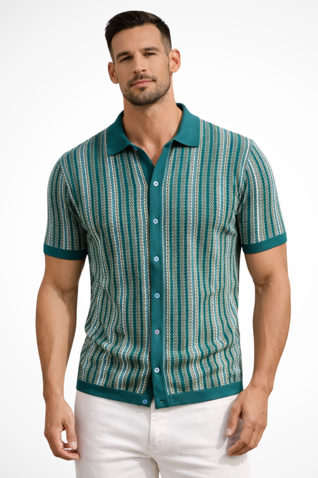 Men's Striped Short Sleeve Polo Shirt - Comfortable Cotton Blend Casual Wear for Everyday Use