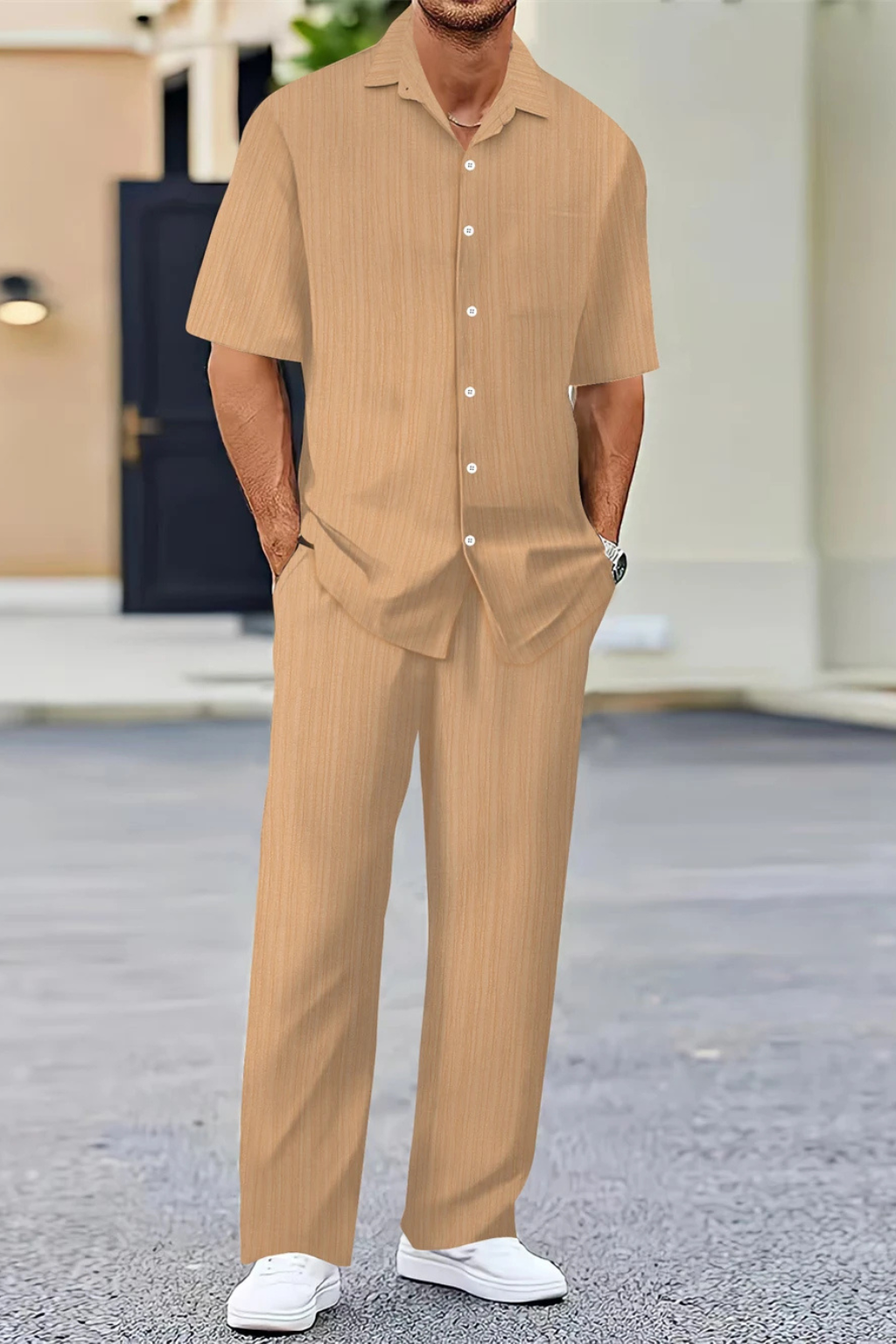Men's Textured Short Sleeve Shirt and Straight Leg Trousers Summer Outfit Set for Casual Wear