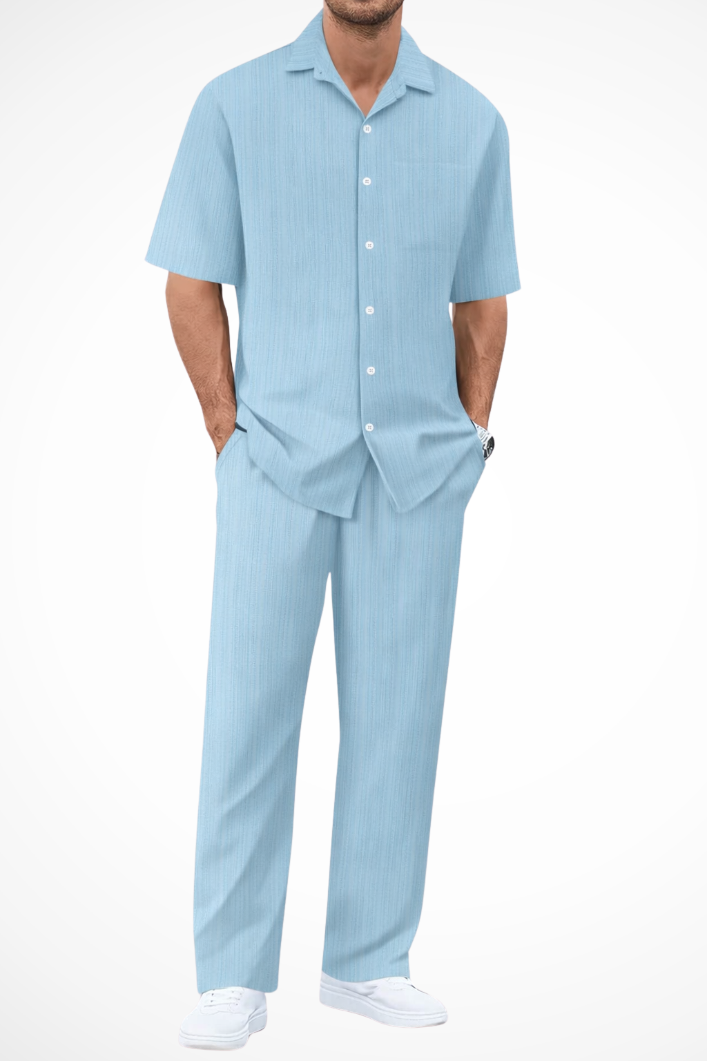 Men's Textured Short Sleeve Shirt and Straight Leg Trousers Summer Outfit Set for Casual Wear