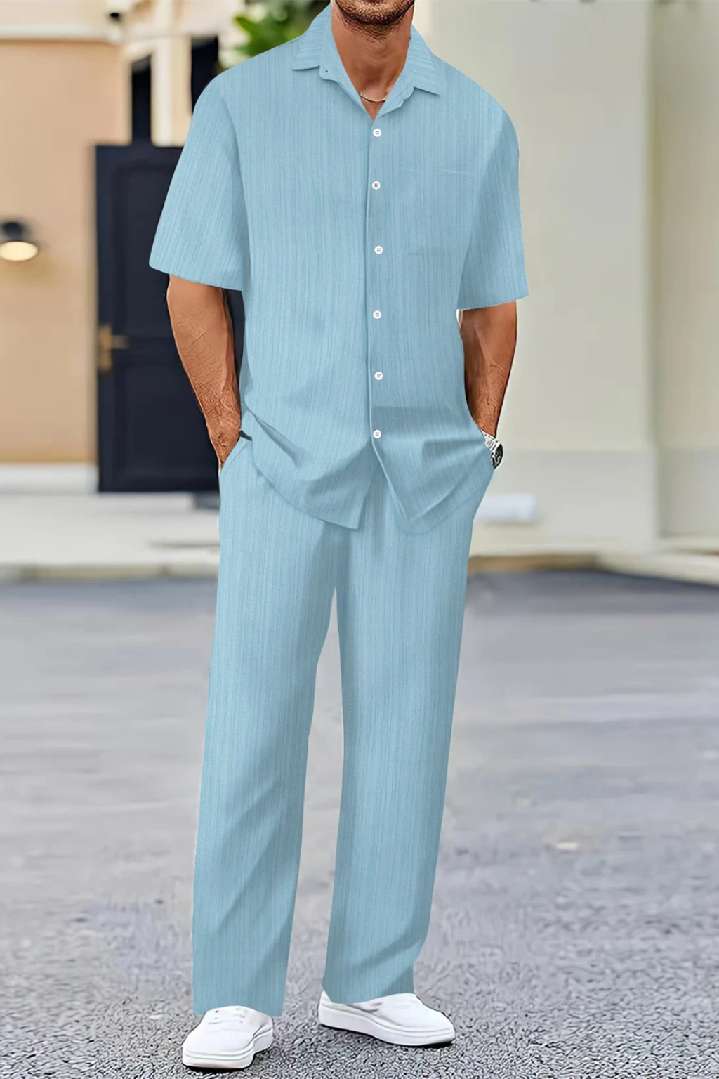 Men's Textured Short Sleeve Shirt and Straight Leg Trousers Summer Outfit Set for Casual Wear