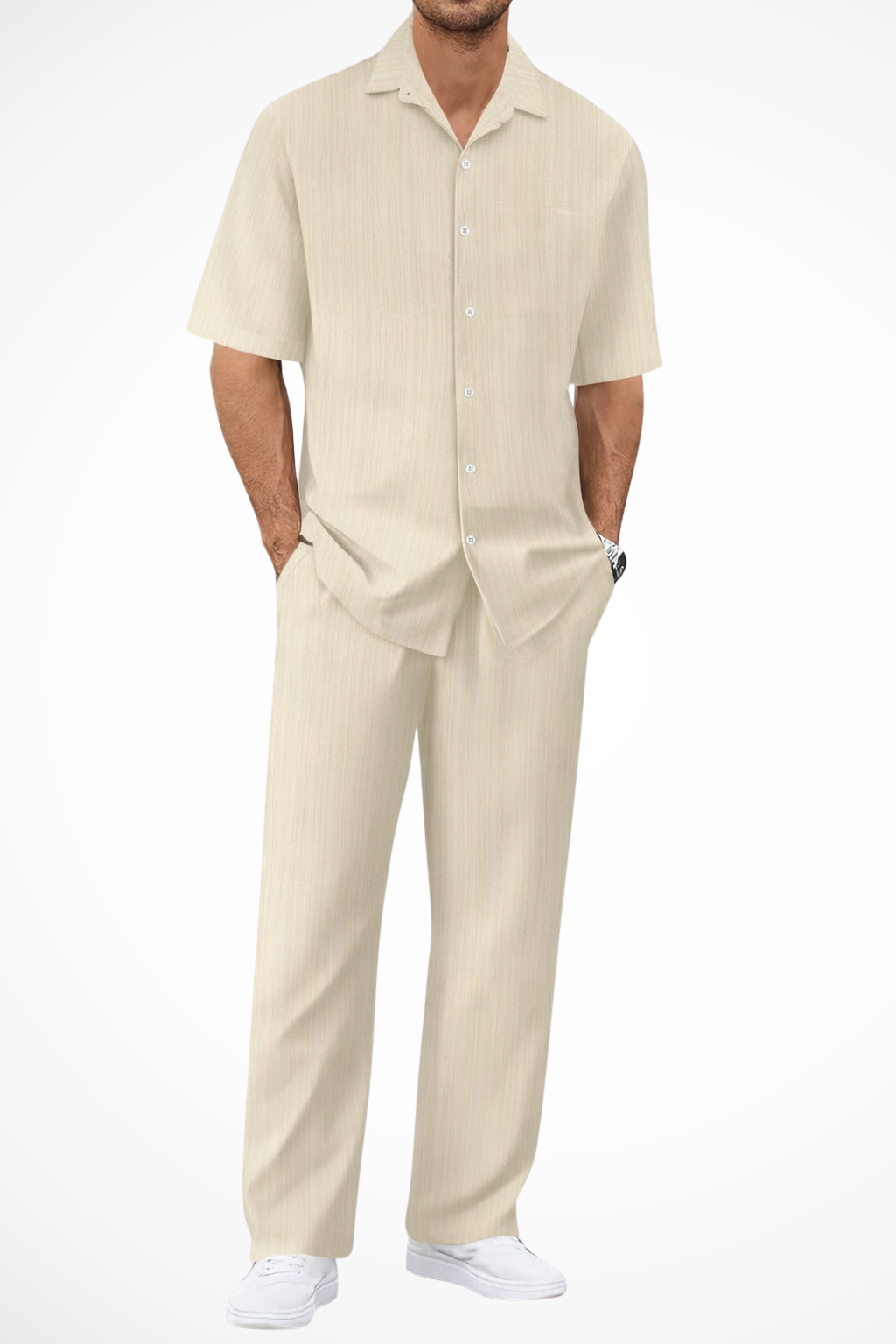 Men's Textured Short Sleeve Shirt and Straight Leg Trousers Summer Outfit Set for Casual Wear