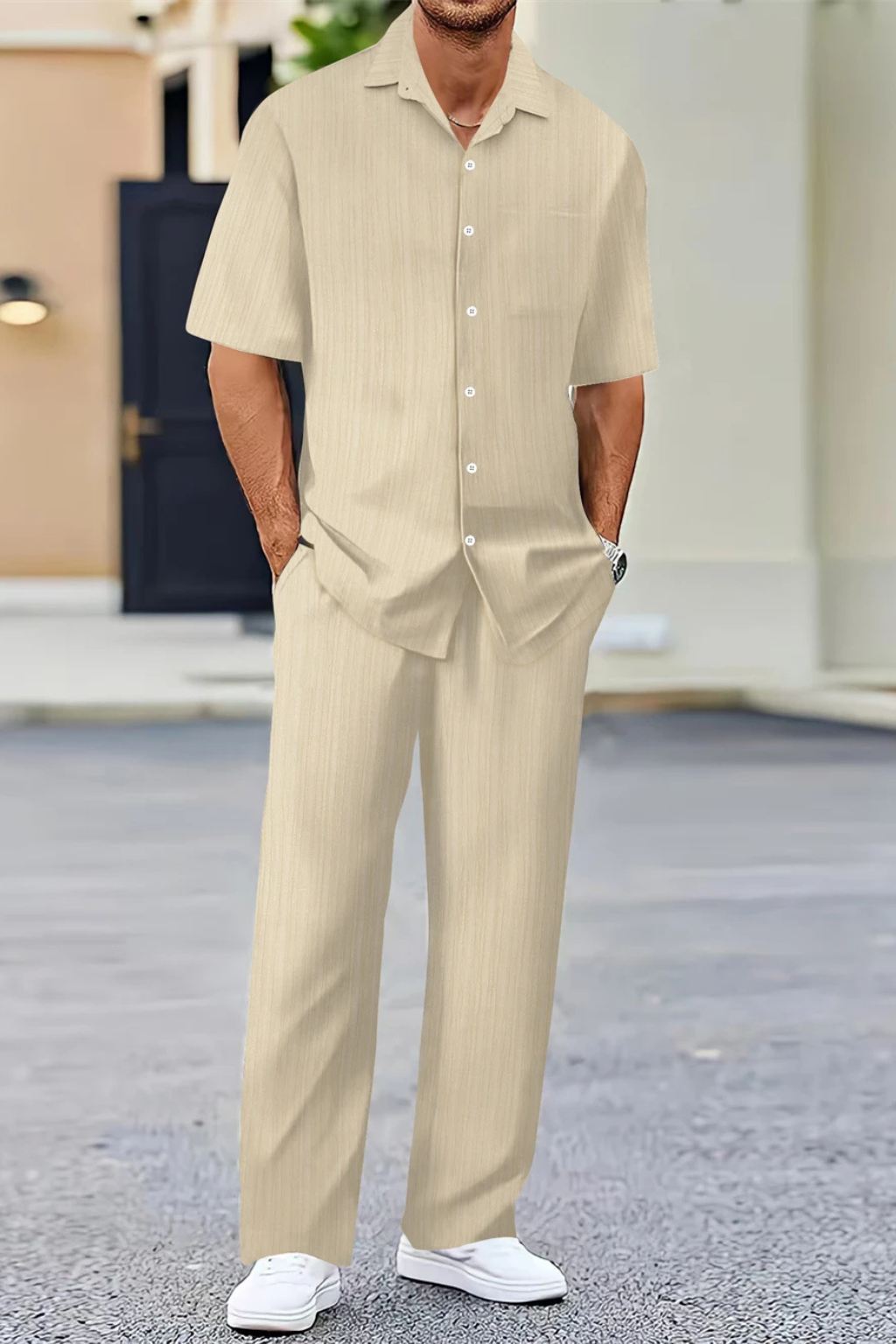 Men's Textured Short Sleeve Shirt and Straight Leg Trousers Summer Outfit Set for Casual Wear