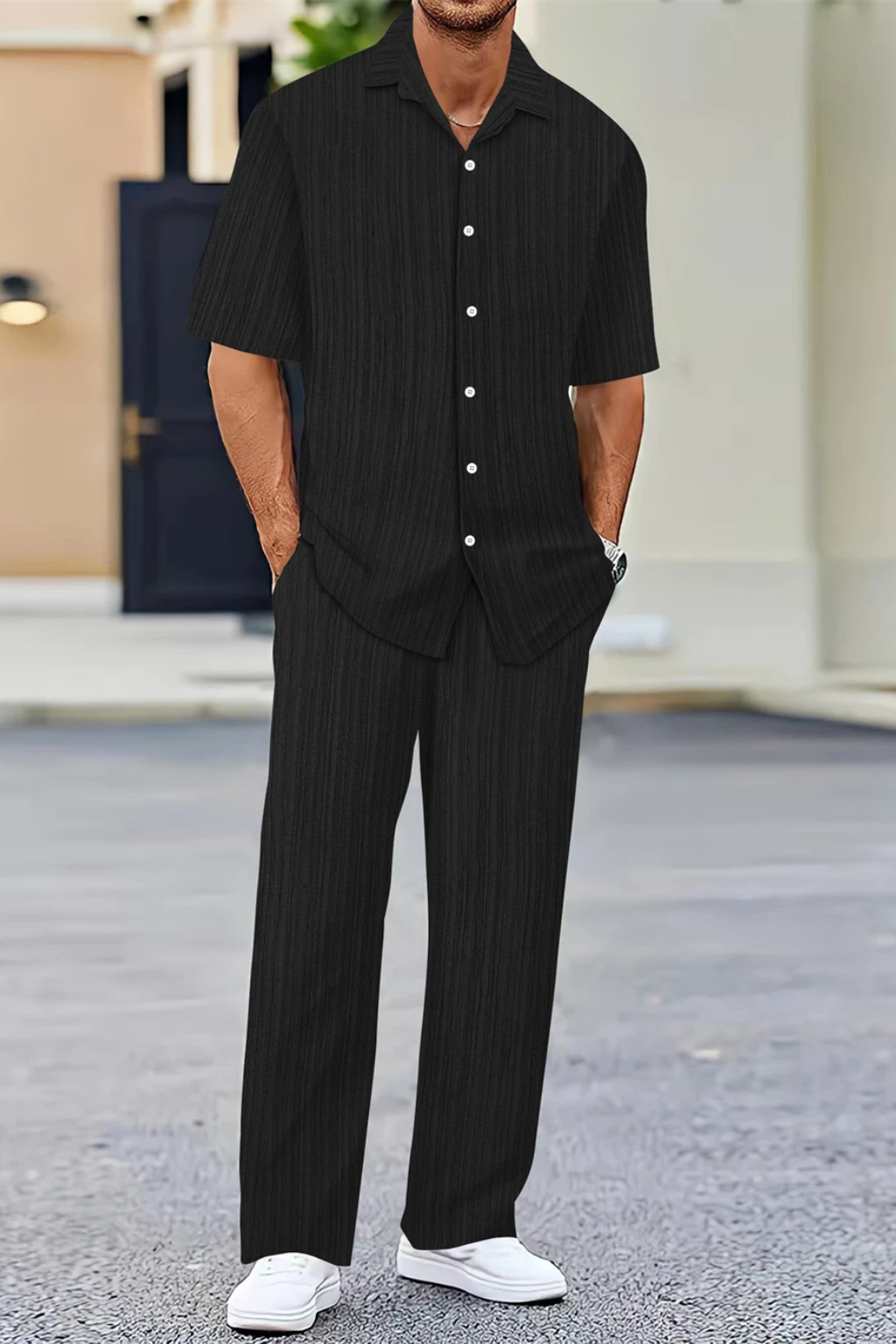 Men's Textured Short Sleeve Shirt and Straight Leg Trousers Summer Outfit Set for Casual Wear