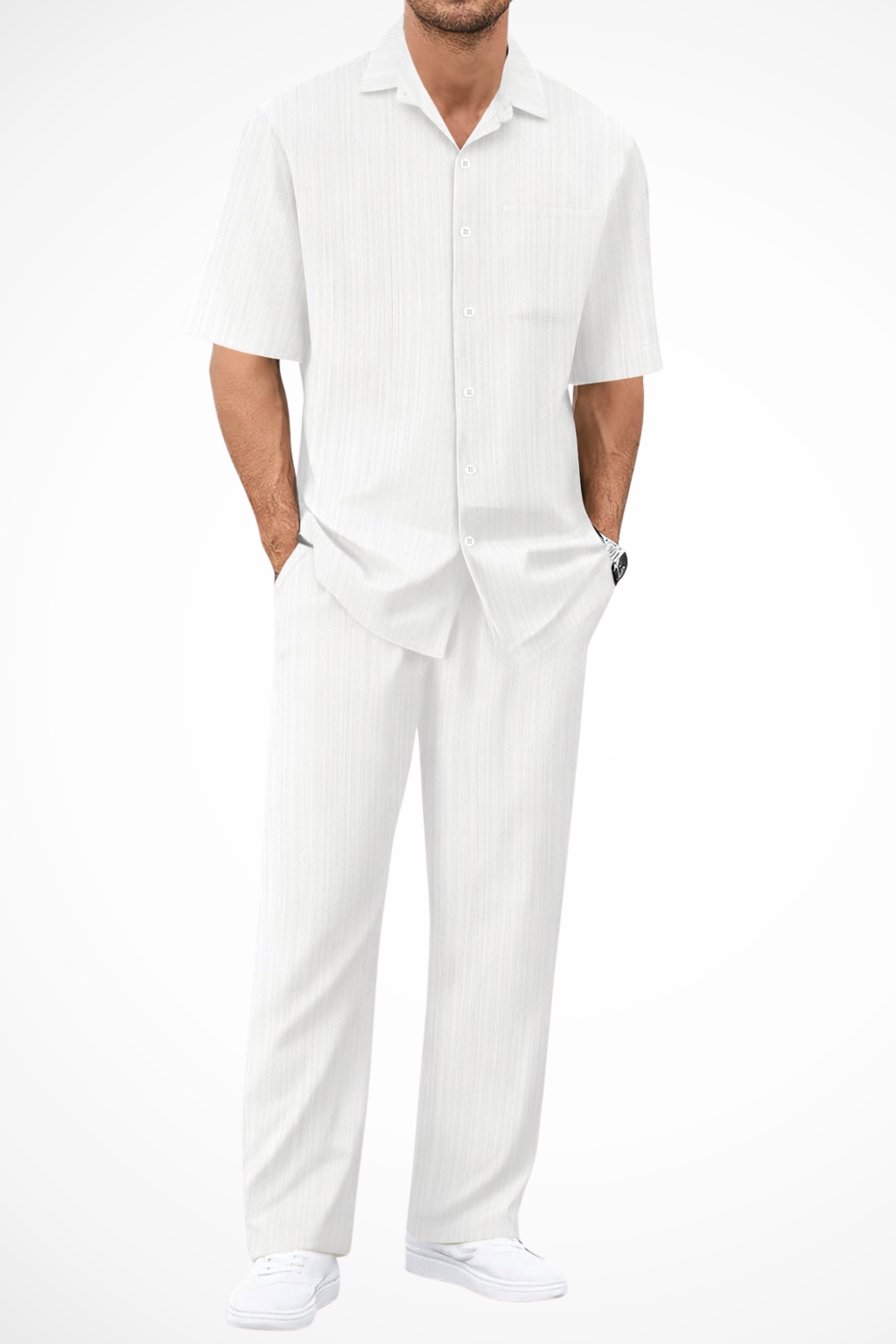 Men's Textured Short Sleeve Shirt and Straight Leg Trousers Summer Outfit Set for Casual Wear