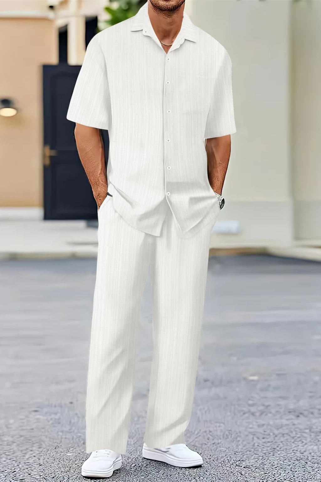 Men's Textured Short Sleeve Shirt and Straight Leg Trousers Summer Outfit Set for Casual Wear