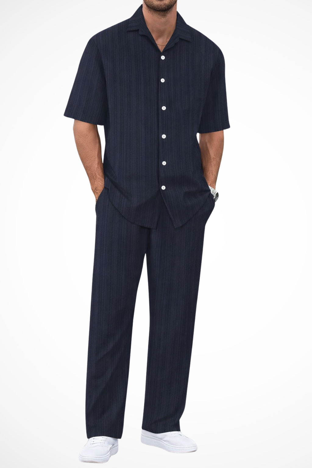 Men's Textured Short Sleeve Shirt and Straight Leg Trousers Summer Outfit Set for Casual Wear
