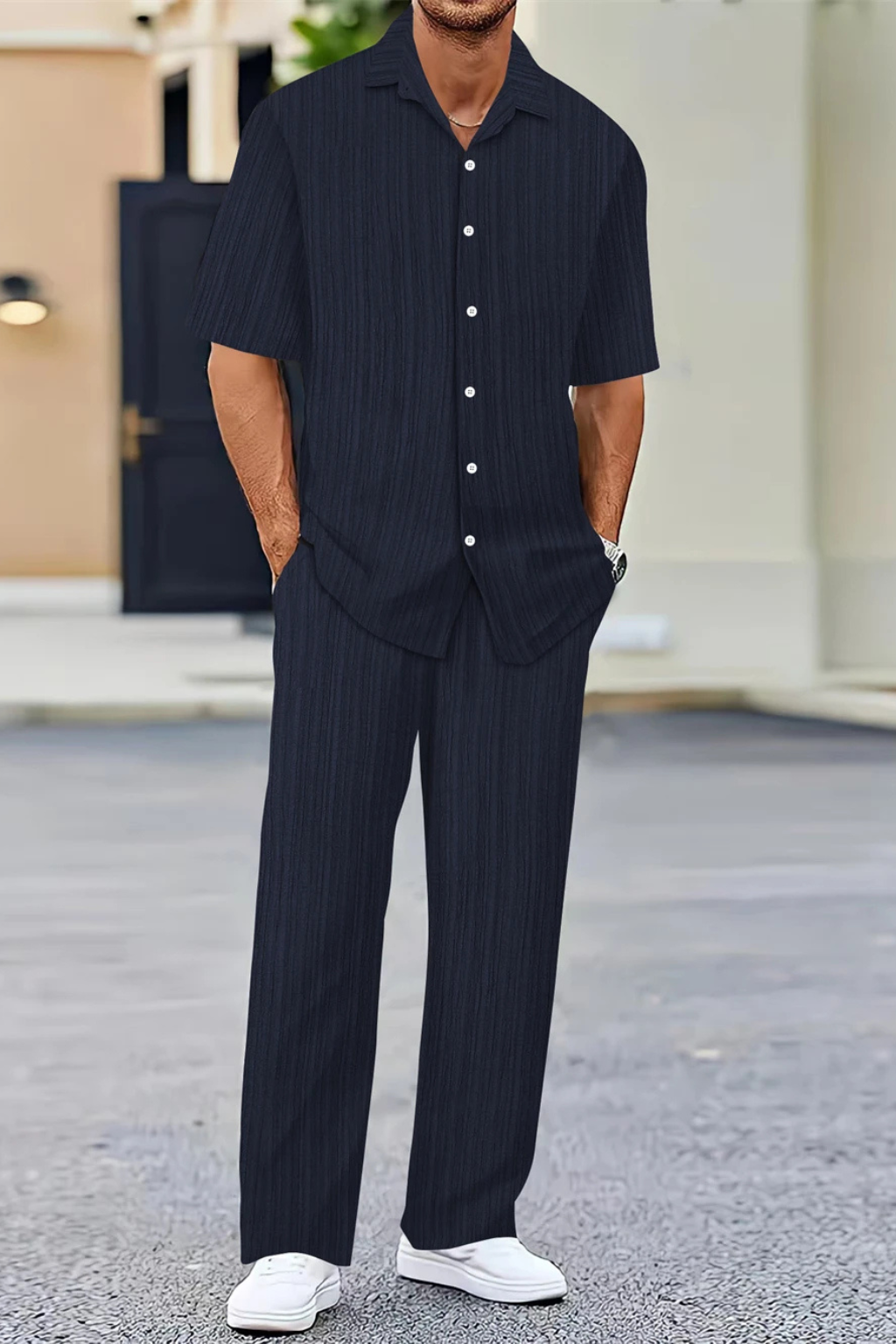 Men's Textured Short Sleeve Shirt and Straight Leg Trousers Summer Outfit Set for Casual Wear
