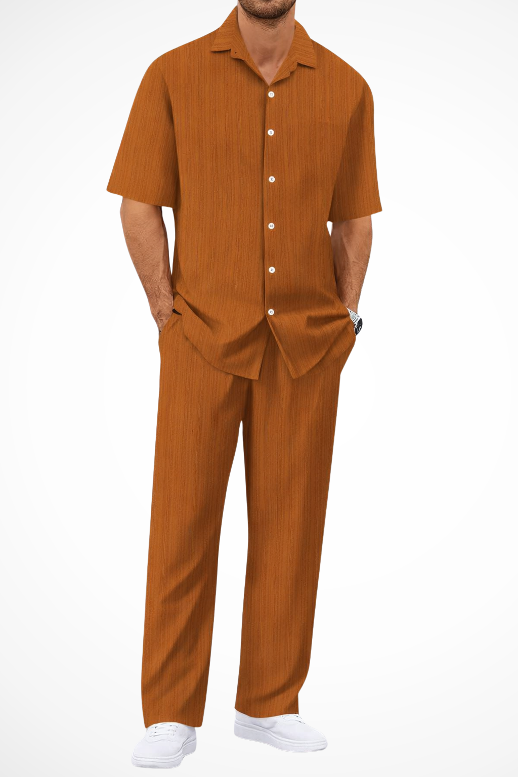 Men's Textured Short Sleeve Shirt and Straight Leg Trousers Summer Outfit Set for Casual Wear