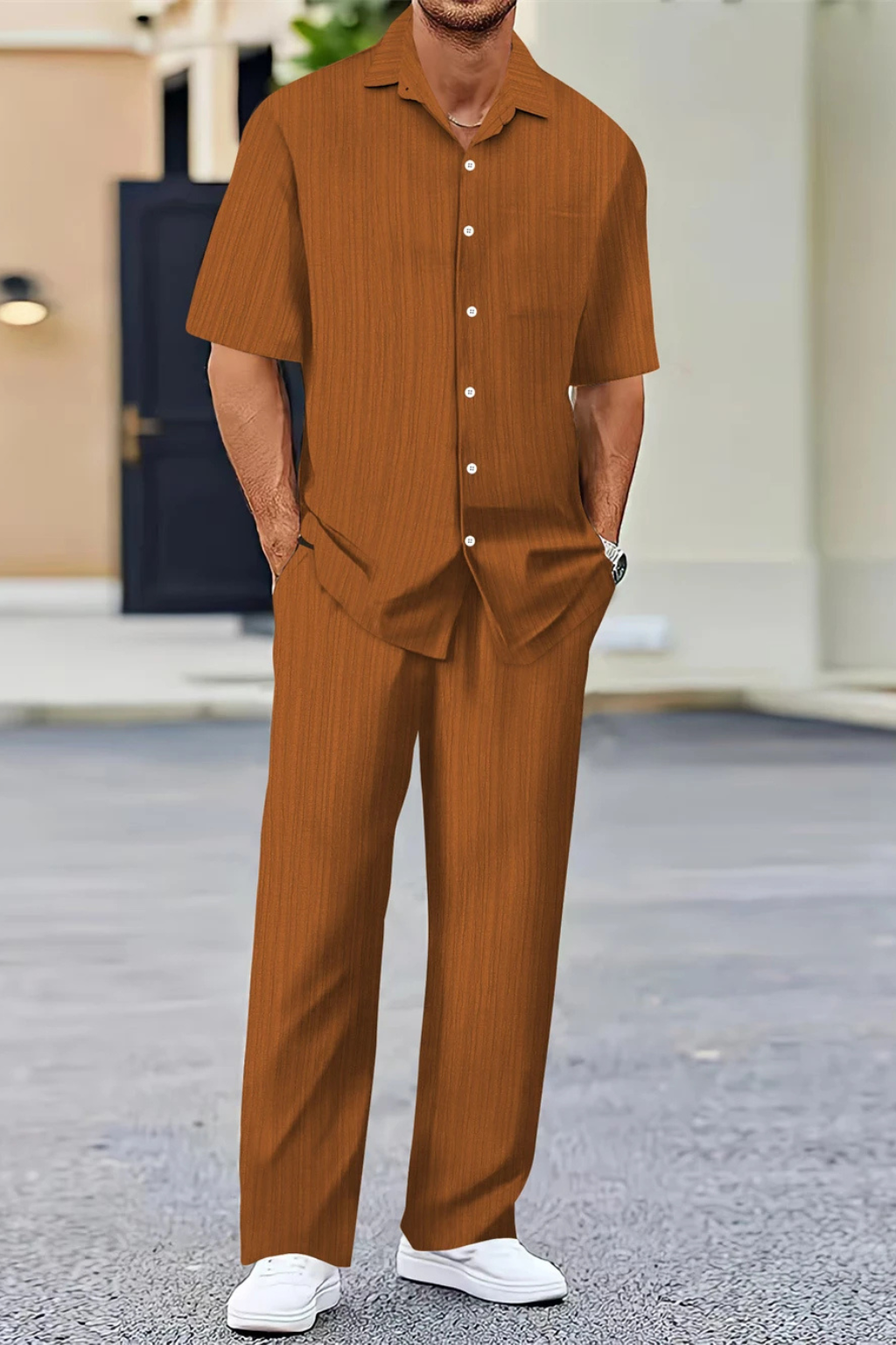 Men's Textured Short Sleeve Shirt and Straight Leg Trousers Summer Outfit Set for Casual Wear