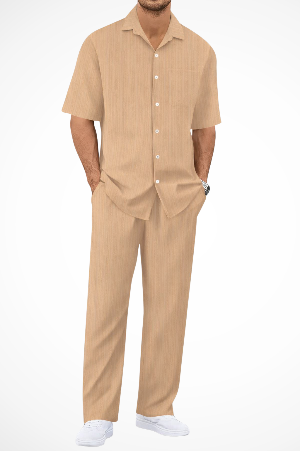 Men's Textured Short Sleeve Shirt and Straight Leg Trousers Summer Outfit Set for Casual Wear