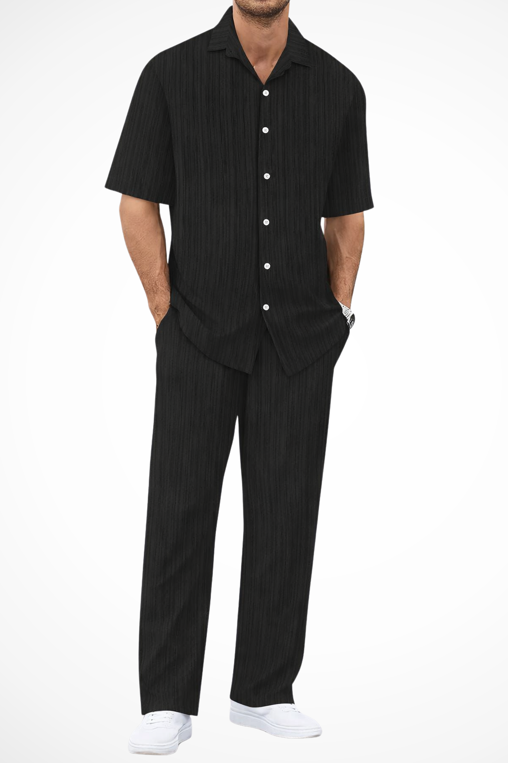 Men's Textured Short Sleeve Shirt and Straight Leg Trousers Summer Outfit Set for Casual Wear