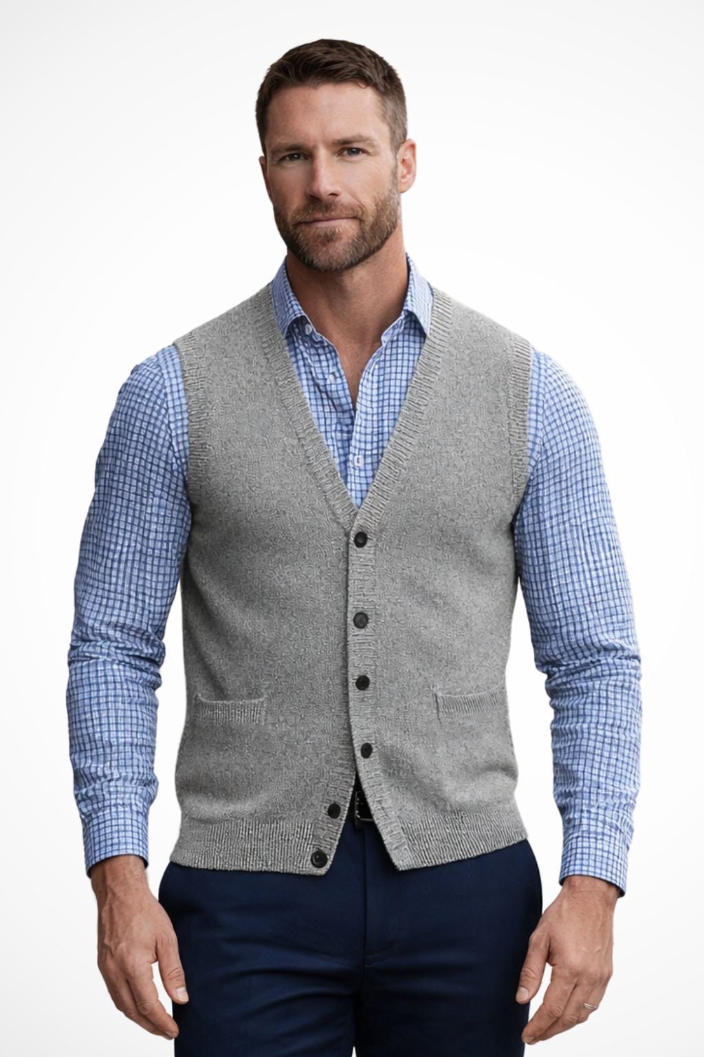 Men's V Neck Sleeveless Knit Waistcoat Vest with Pockets - Casual Knitwear for Everyday Wear