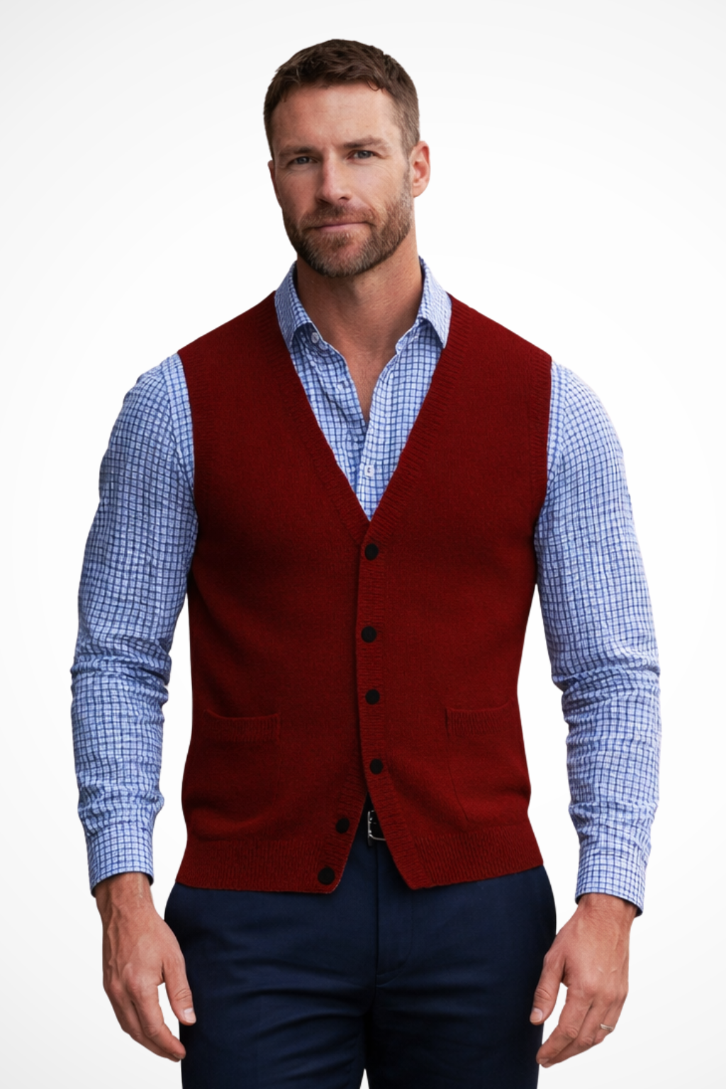 Men's V Neck Sleeveless Knit Waistcoat Vest with Pockets - Casual Knitwear for Everyday Wear