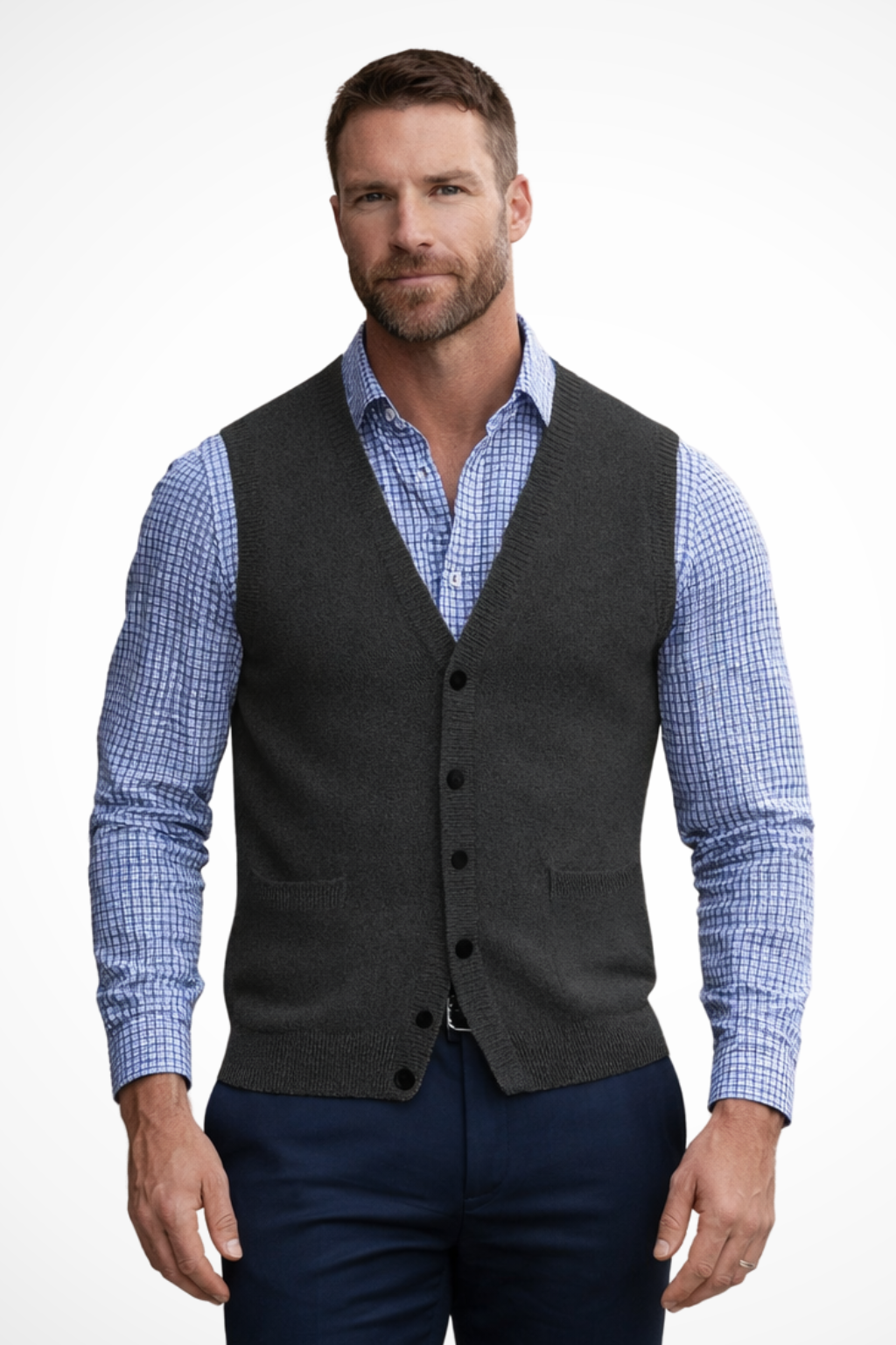 Men's V Neck Sleeveless Knit Waistcoat Vest with Pockets - Casual Knitwear for Everyday Wear