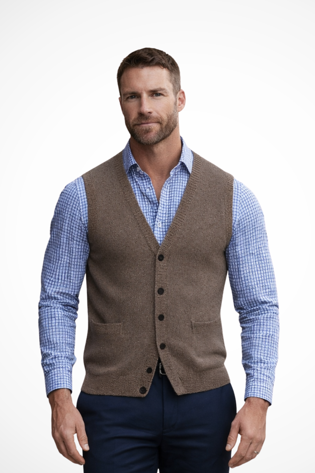 Men's V Neck Sleeveless Knit Waistcoat Vest with Pockets - Casual Knitwear for Everyday Wear