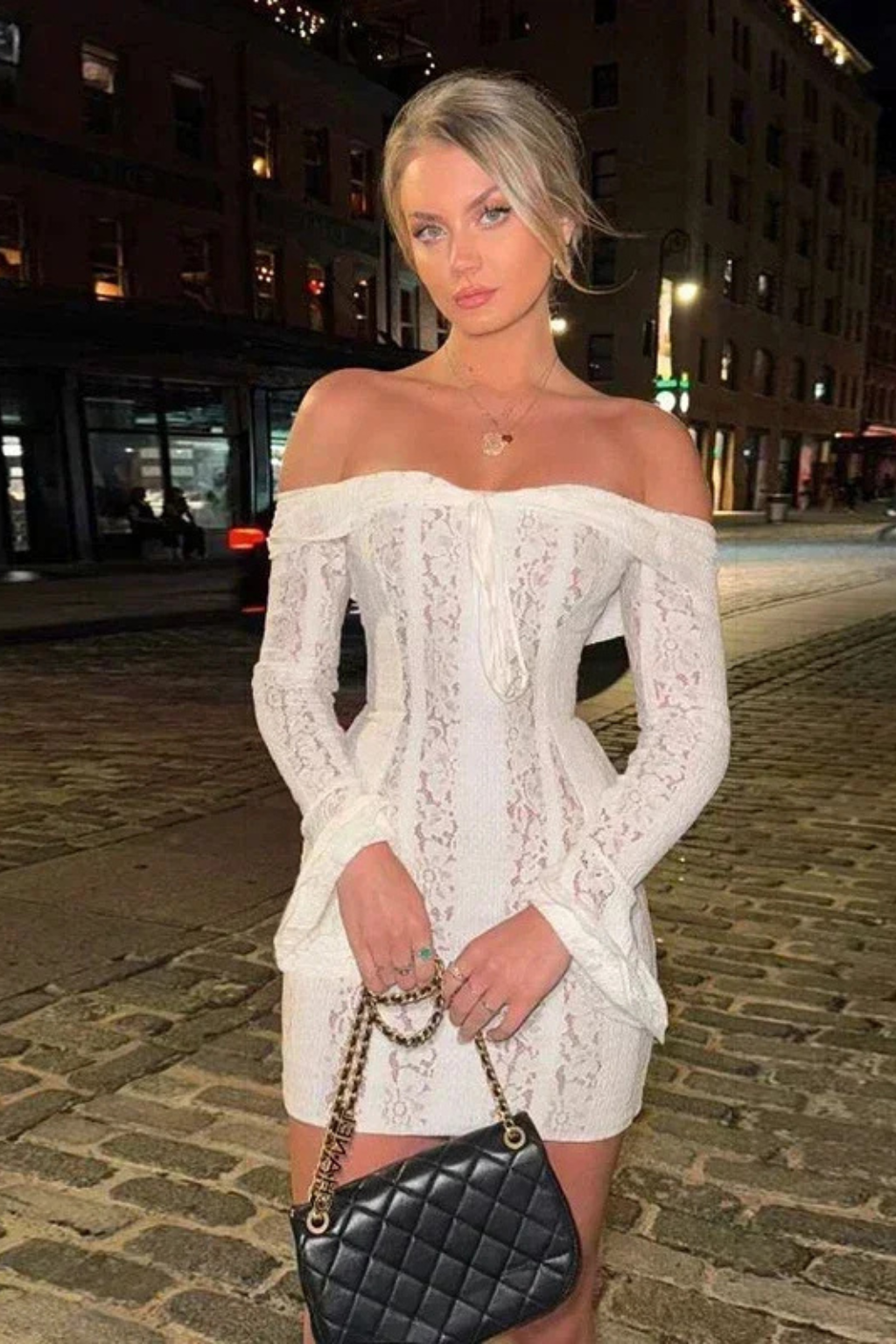 Off Shoulder Lace Mini Dress for Women | Long Sleeve Wedding Guest Attire in Elegant Design