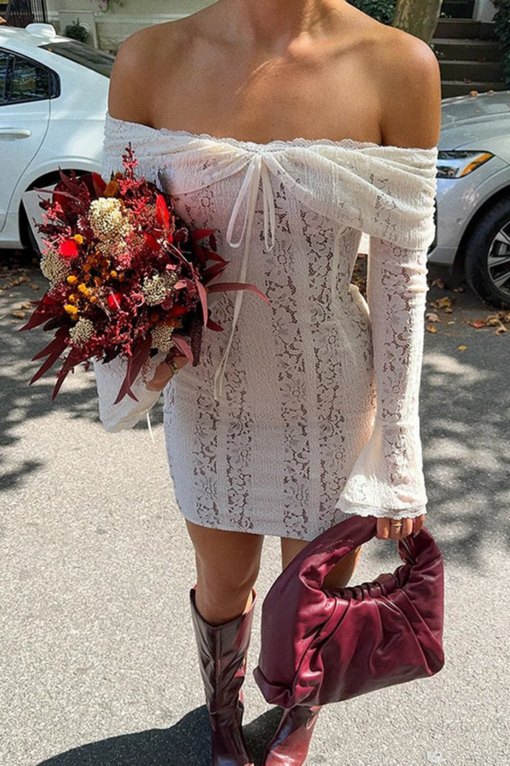 Off Shoulder Lace Mini Dress for Women | Long Sleeve Wedding Guest Attire in Elegant Design