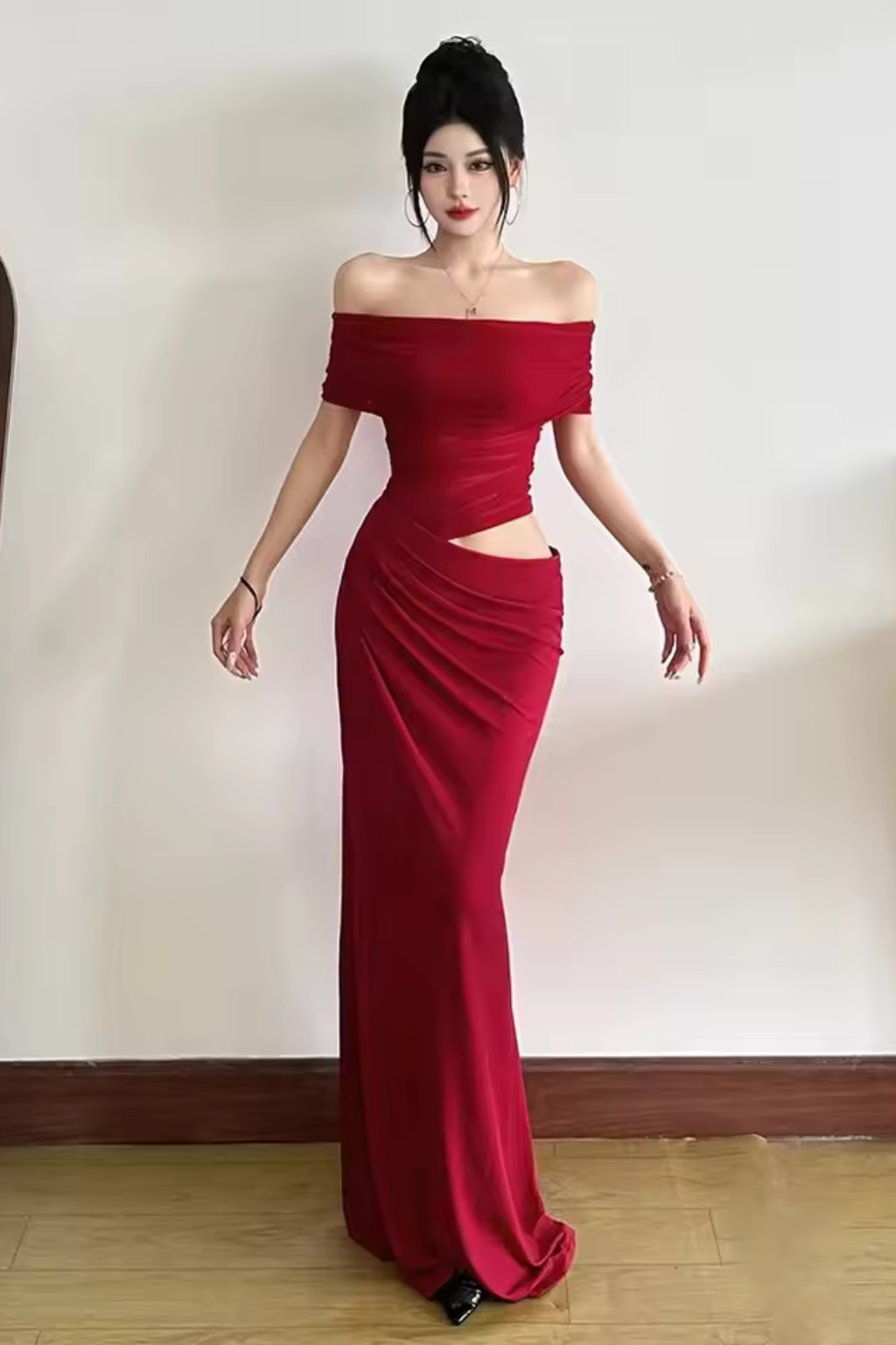 Off Shoulder Ruched Maxi Dress with Cut Out Detail for Women - Elegant Wedding Guest Attire