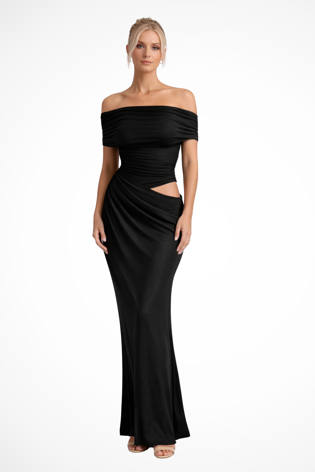 Off Shoulder Ruched Maxi Dress with Cut Out Detail for Women - Elegant Wedding Guest Attire