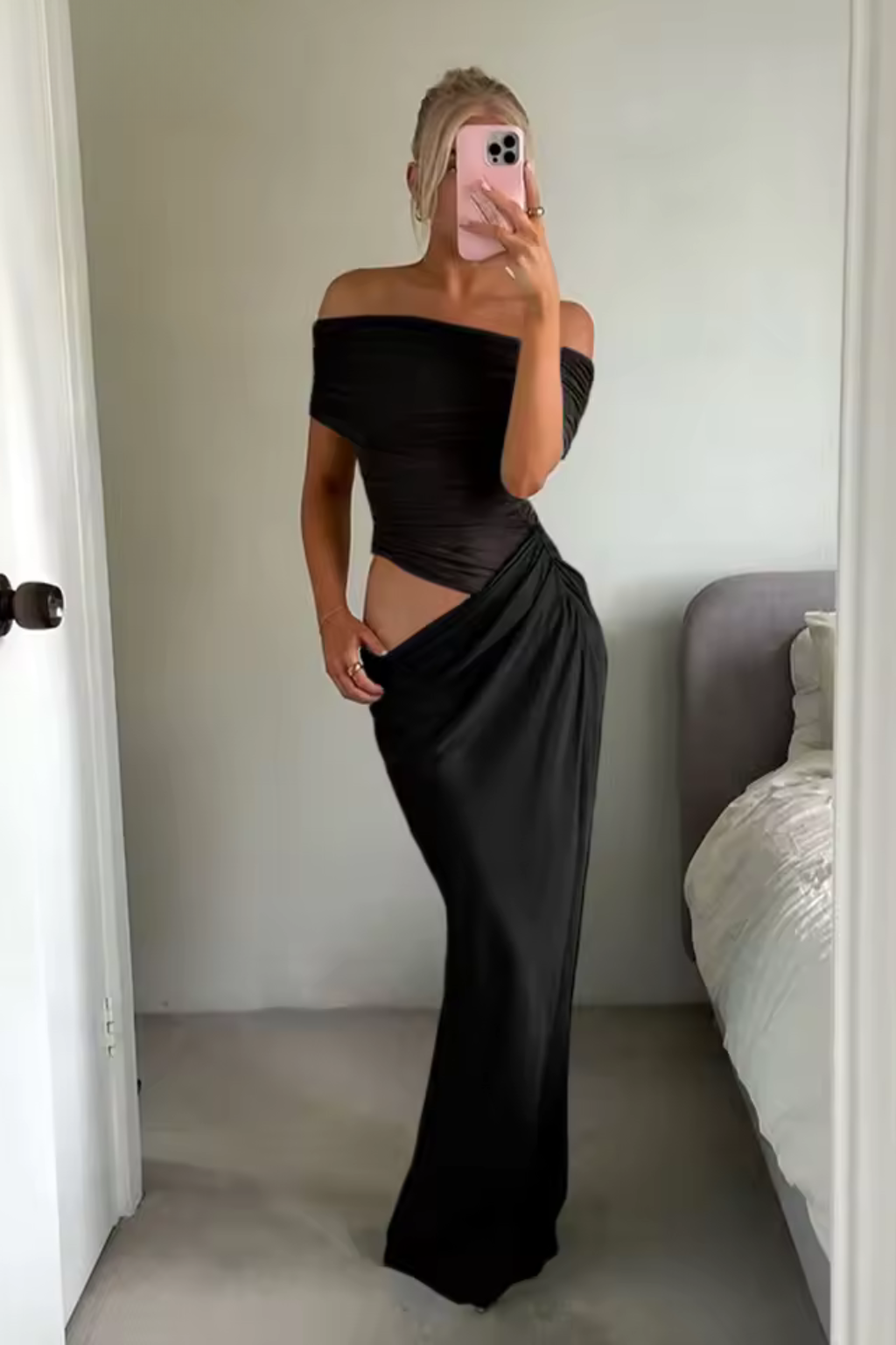 Off Shoulder Ruched Maxi Dress with Cut Out Detail for Women - Elegant Wedding Guest Attire