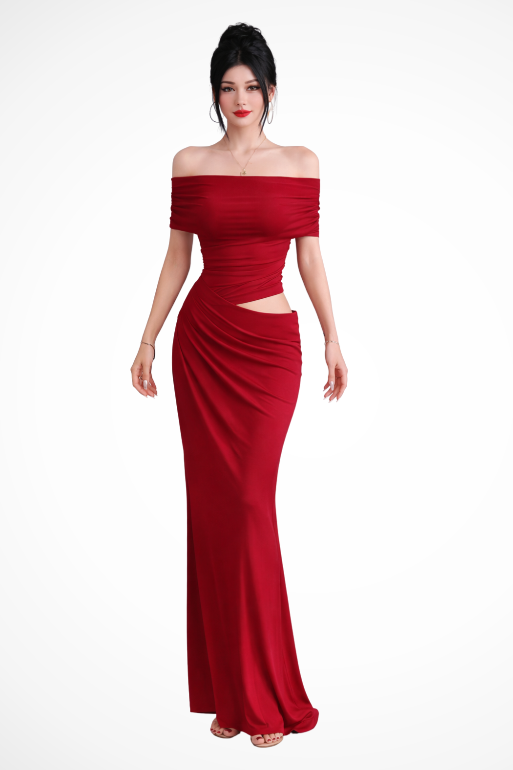 Off Shoulder Ruched Maxi Dress with Cut Out Detail for Women - Elegant Wedding Guest Attire