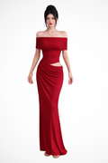 Off Shoulder Ruched Maxi Dress with Cut Out Detail for Women - Elegant Wedding Guest Attire