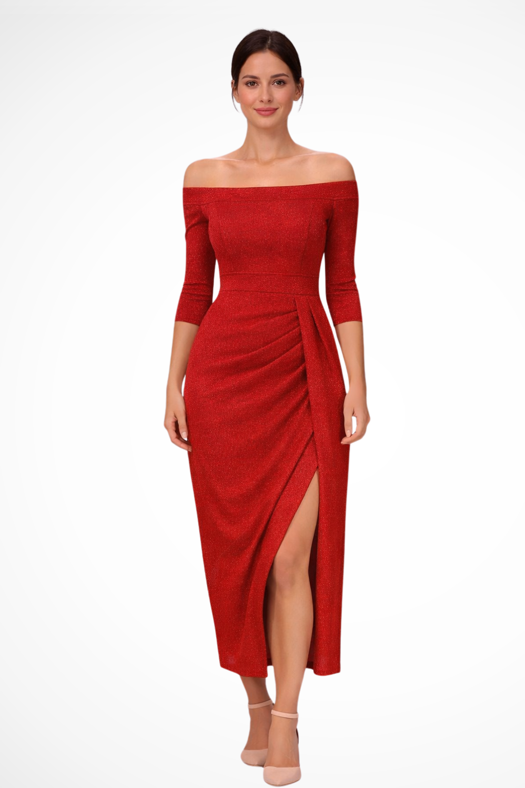 Off Shoulder Ruched Midi Dress with Front Slit for Women - Elegant Wedding Guest Attire