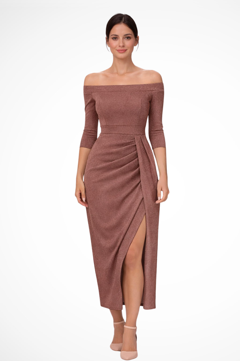 Off Shoulder Ruched Midi Dress with Front Slit for Women - Elegant Wedding Guest Attire