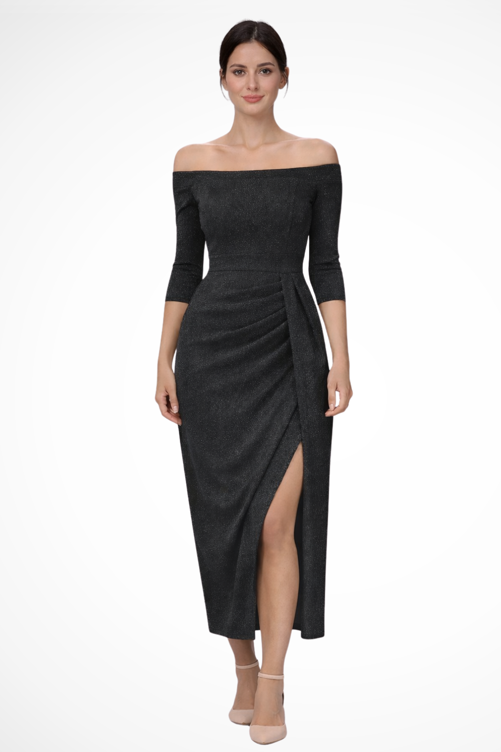 Off Shoulder Ruched Midi Dress with Front Slit for Women - Elegant Wedding Guest Attire