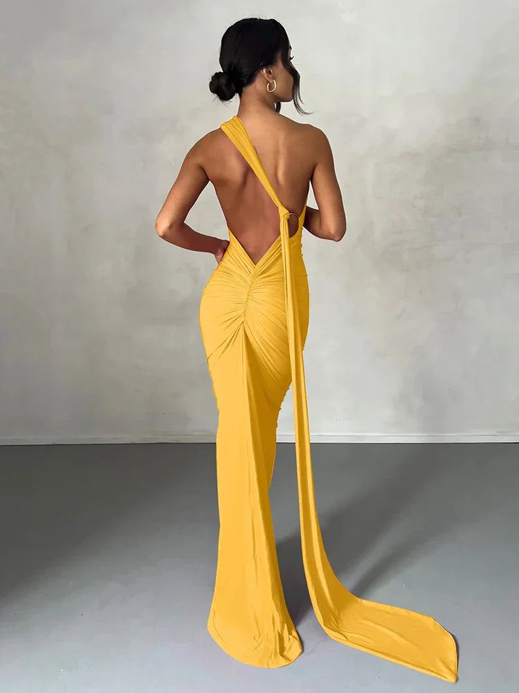 One Shoulder Ruched Maxi Dress | Women's Summer Wedding Dress | Elegant Evening Gown in Lightweight Fabric