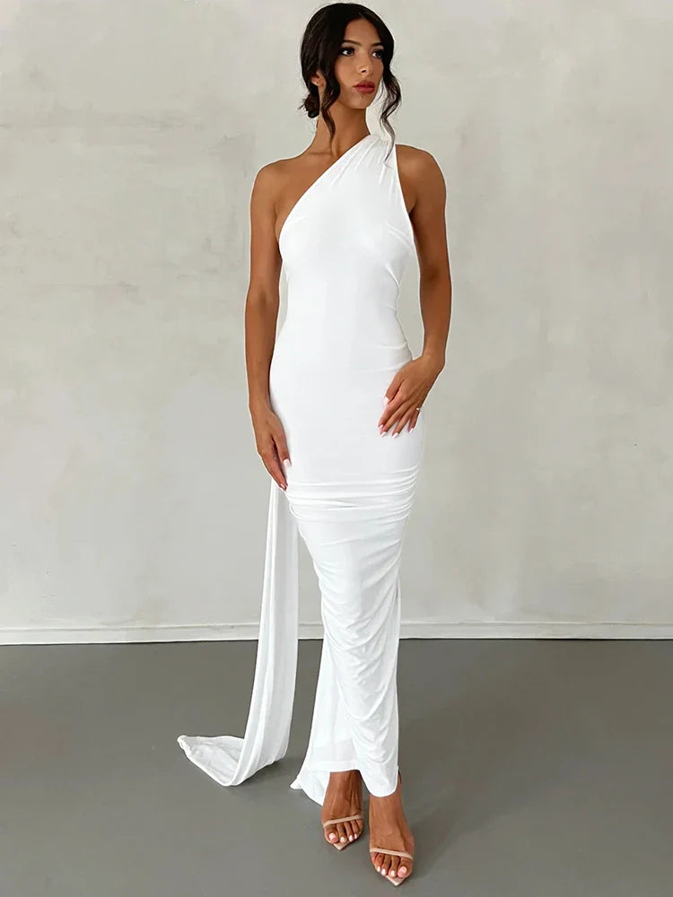 One Shoulder Ruched Maxi Dress | Women's Summer Wedding Dress | Elegant Evening Gown in Lightweight Fabric