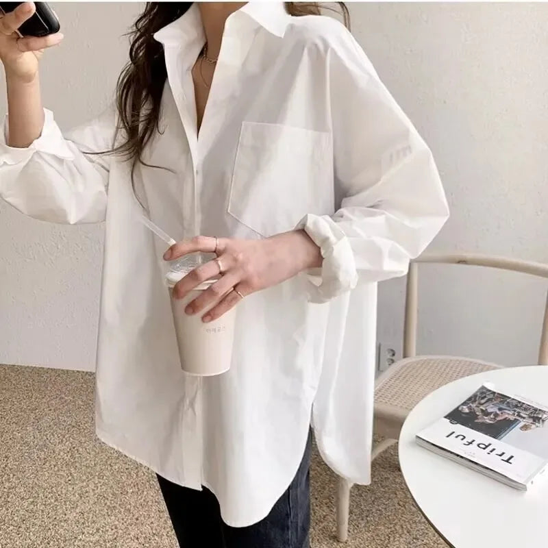 Oversized Long Sleeve Button Down Blouse for Women - Casual Cotton Shirt for Everyday Wear