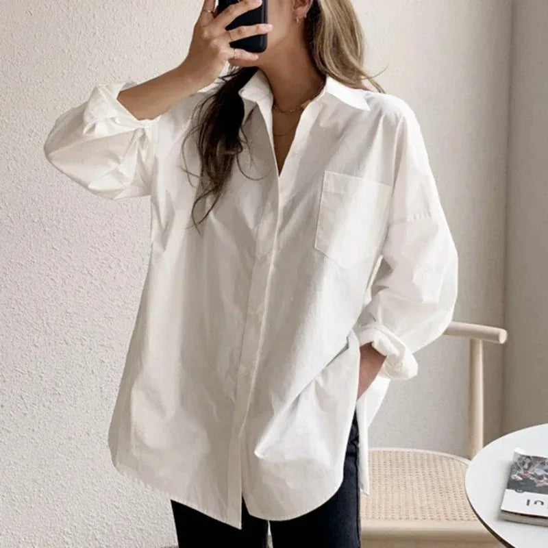 Oversized Long Sleeve Button Down Blouse for Women - Casual Cotton Shirt for Everyday Wear