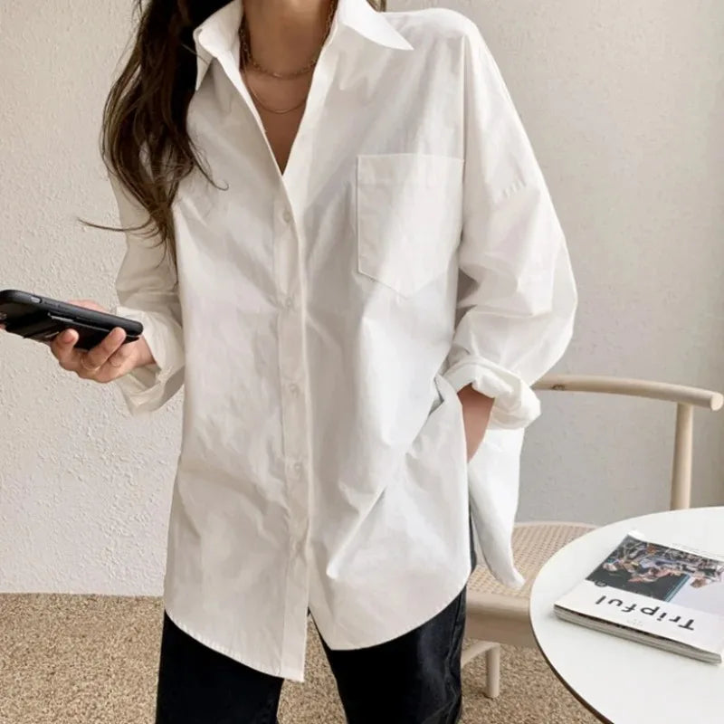 Oversized Long Sleeve Button Down Blouse for Women - Casual Cotton Shirt for Everyday Wear