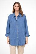Oversized Long Sleeve Denim Shirt for Women - Casual Button Down Top in Soft Cotton Blend