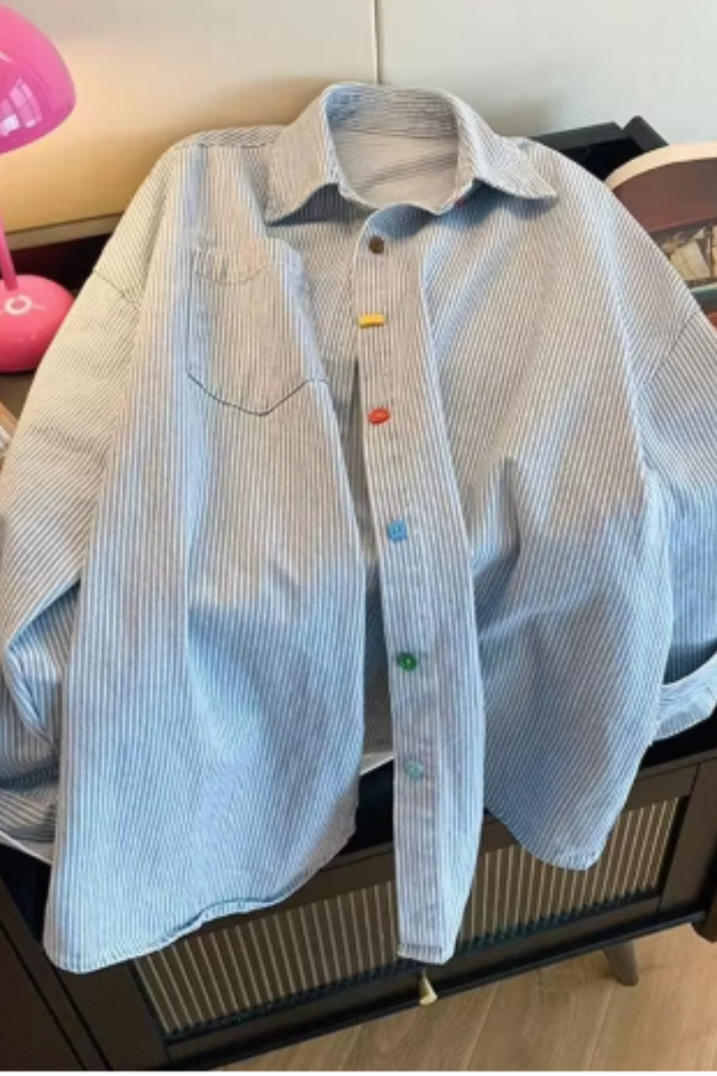 Oversized Long Sleeve Striped Denim Shirt for Women - Casual Button Down Top